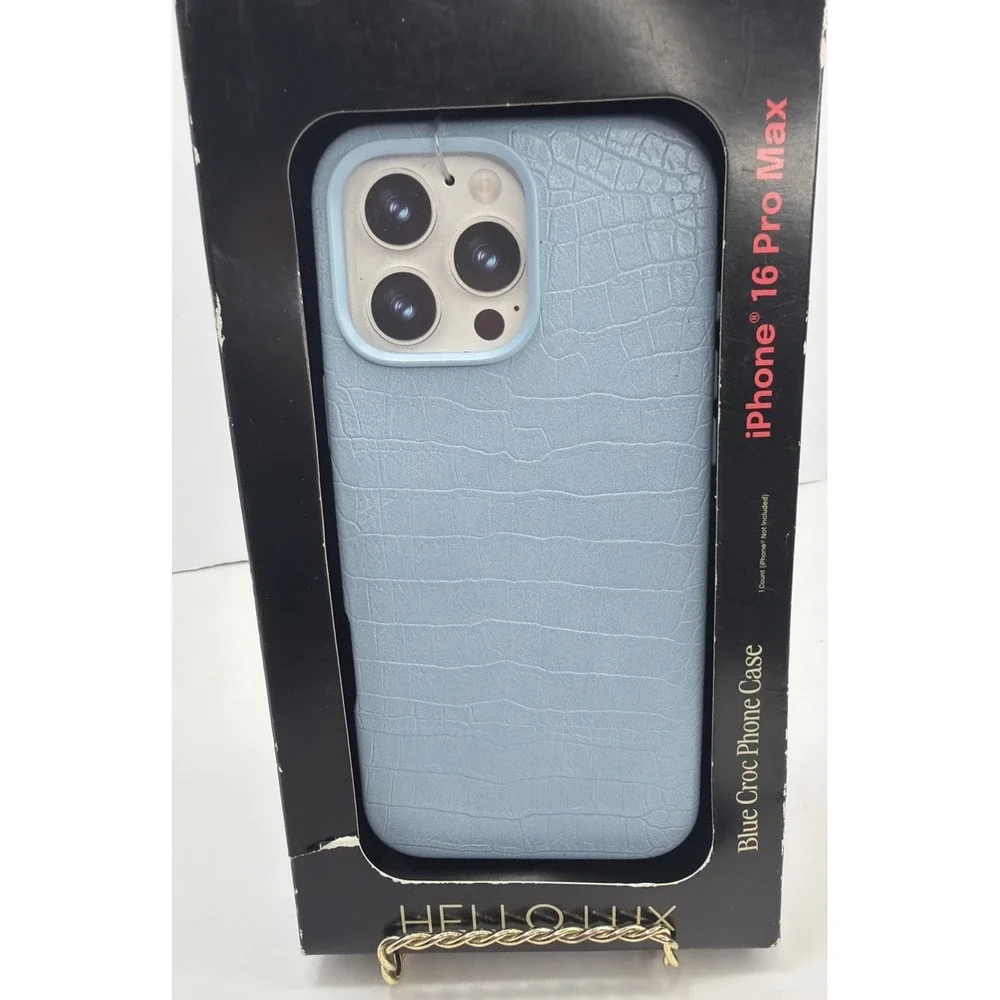 Hello Lux Blue Croc Faux Leather Phone Case for iPhone 16 Pro Max Dual Layer